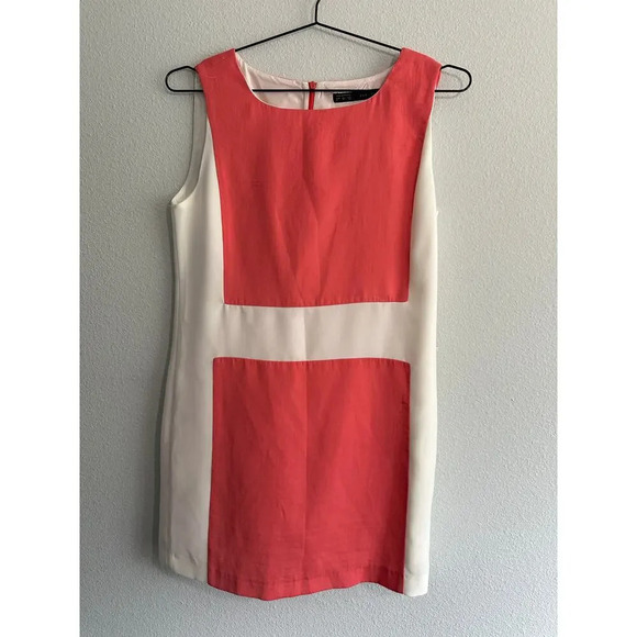 Zara Basic Coral White Colorblock Mod 70s inspired Sheath Sleeveless Dress Sz M - Picture 1 of 12